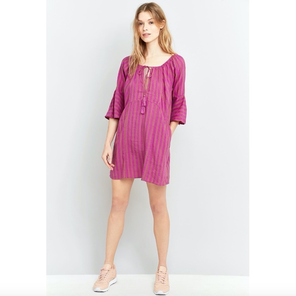Free People Folk Town Linen Tunic Dress with Pockets Purple Stripe Size S Boho - Picture 8 of 13